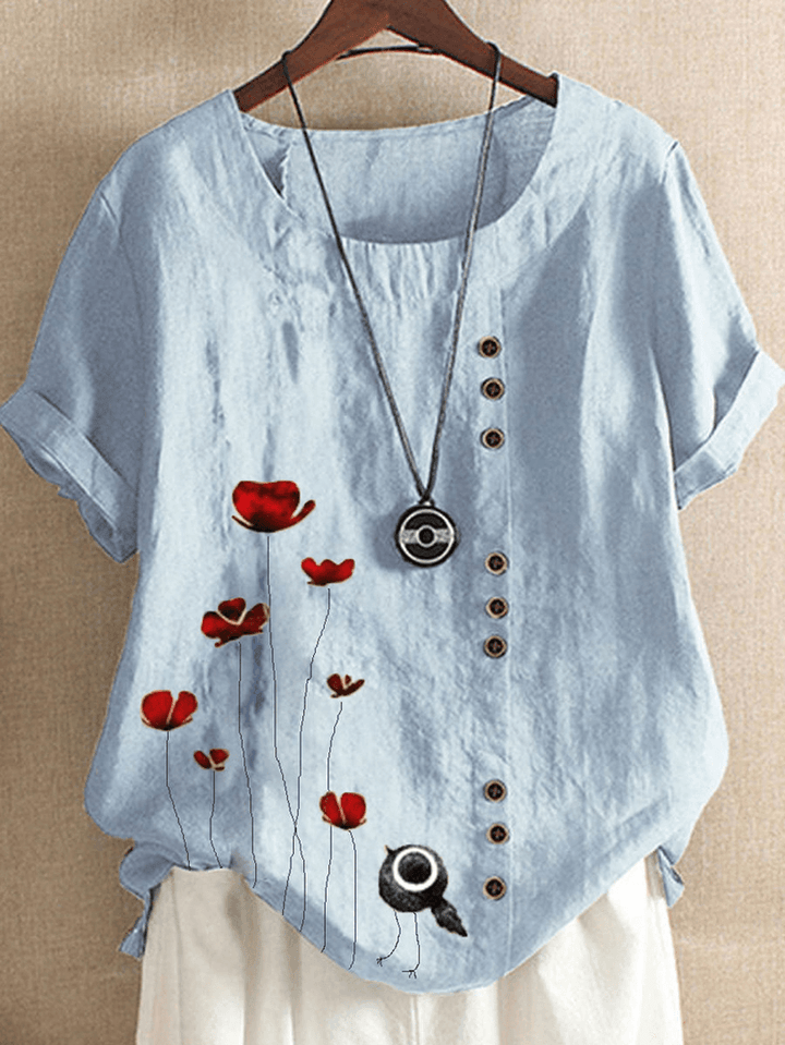 Women Vintage Red Flower Print Button Casual Loose T-Shirts - MRSLM