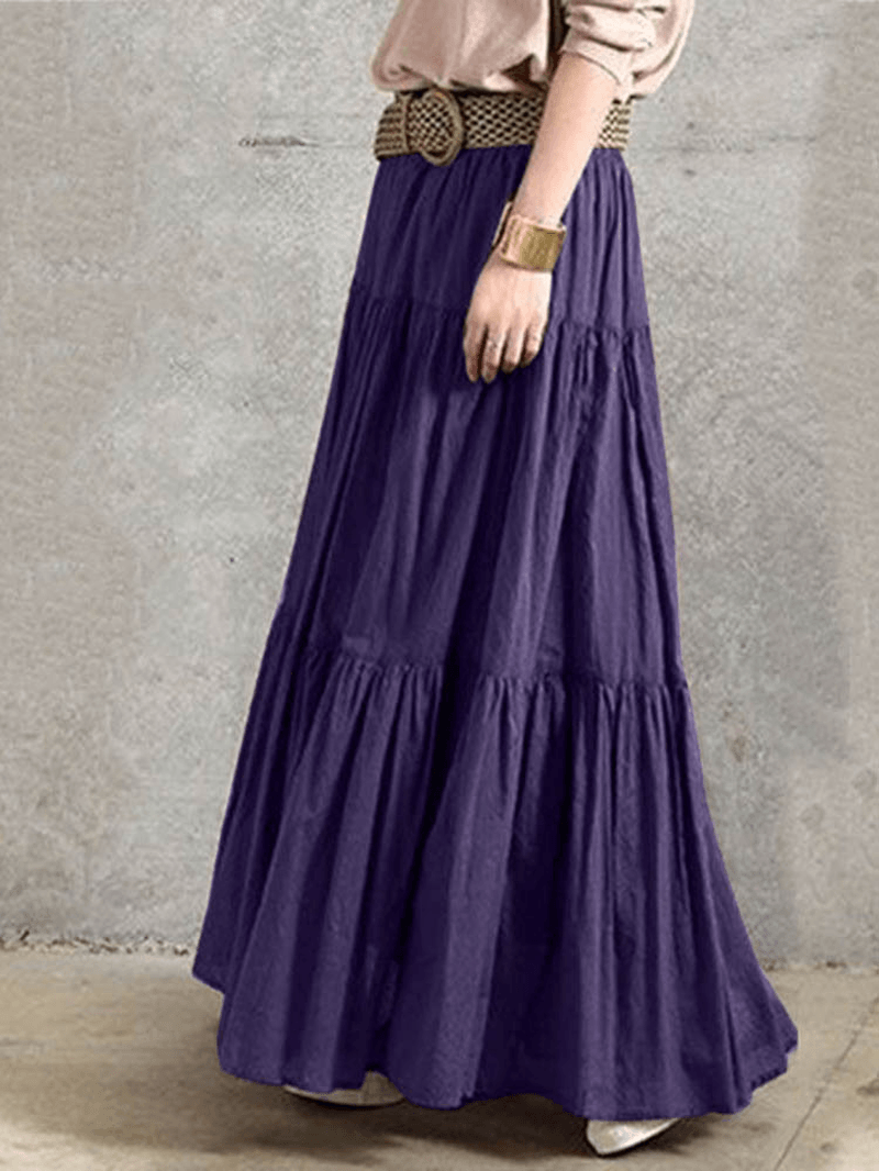 Solid Color Big Swing Elastic Waist Pleated Casual Long Skirt for Women - MRSLM