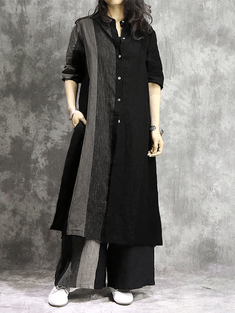 Women Cotton Contrast Color Stripe Patchwork Split Design Long Shirts - MRSLM
