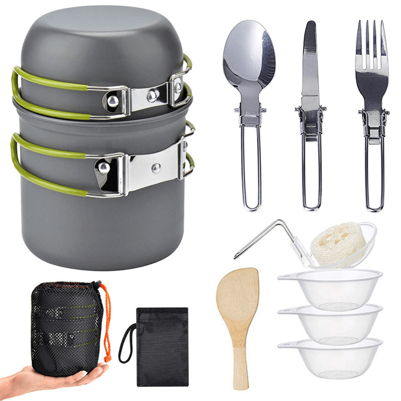 Ipree® 12Pcs/Set Camping Cookware Set Stainless Steel Portable Set of Pots and Pans Outdoor Camping Cutlery - MRSLM