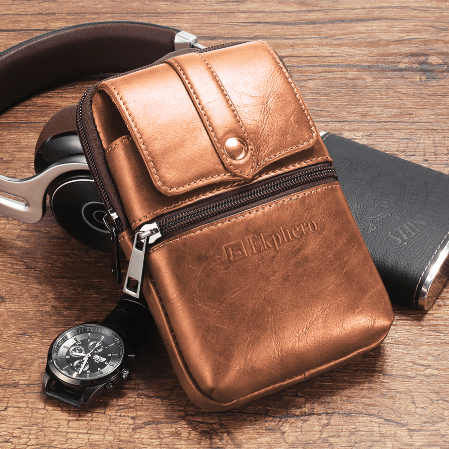 Ekphero Men Cowhide Phone Bag Waist Bag Vintage Belt Bag - MRSLM