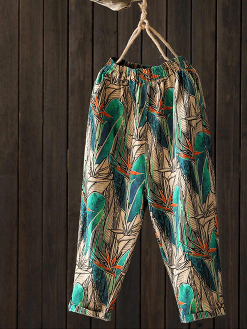 Women Floral Print Elastic Waist Side Pockets Trousers Pants - MRSLM