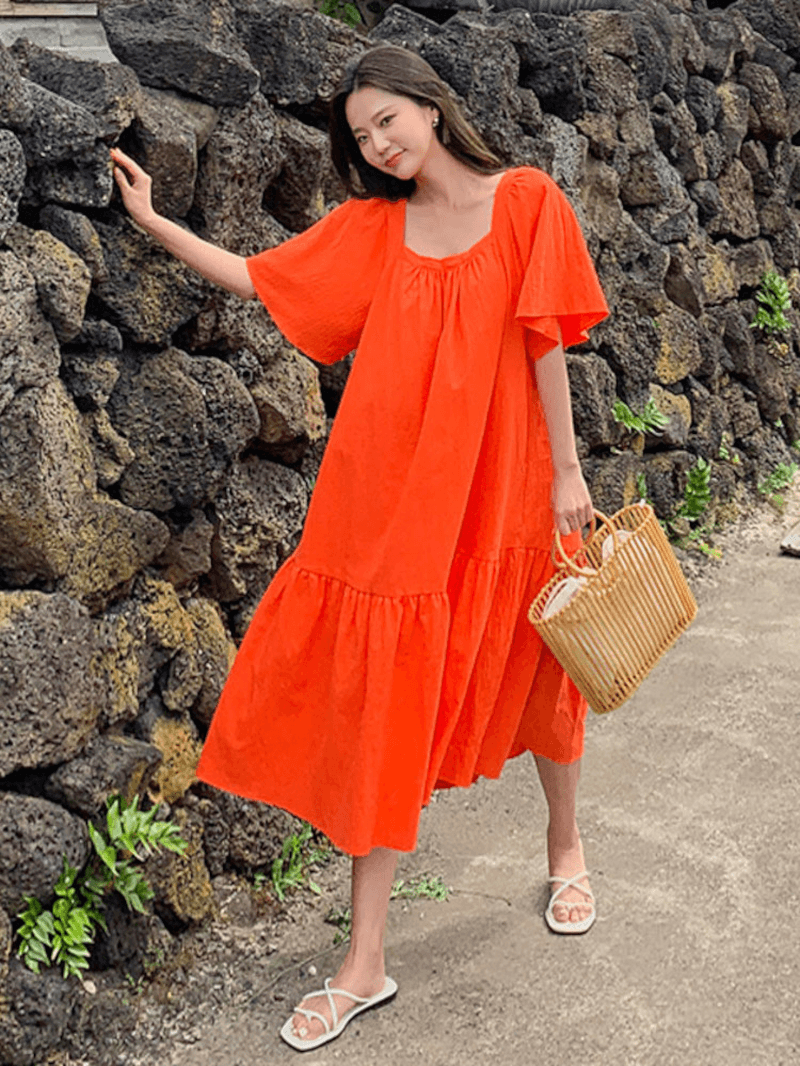 Flare Sleeve Bohemian Square Neck Solid Loose Dress for Women - MRSLM