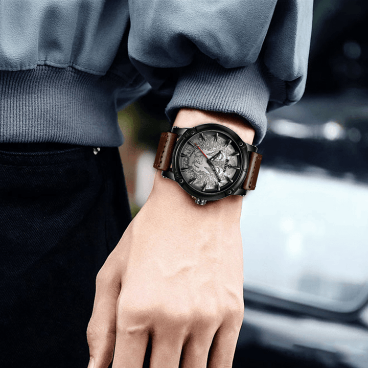 BIDEN BD0185 Wolf Dial Display Fashionable Men Wrist Watch Analog Leather Band Quartz Watch - MRSLM