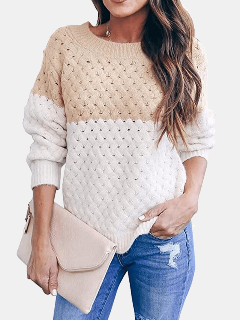 Women Colorblock Knitting Hollow Out Casual Long Sleeve Sweater - MRSLM