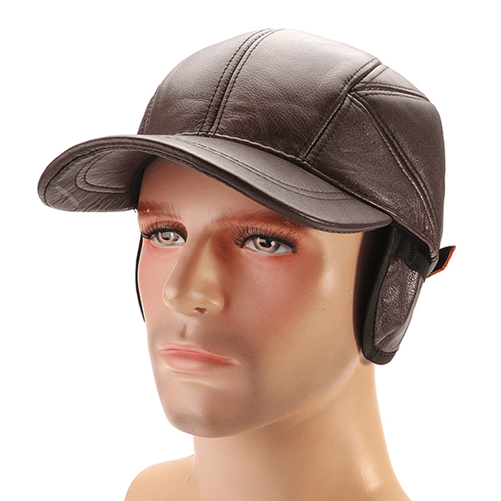 Collrown Mens Winter Warm Genuine Leather Baseball Cap Earflap Ear Muffs Windproof Outdoor Trucker Hats - MRSLM