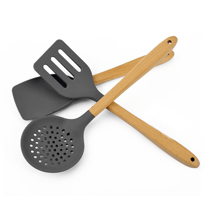 7 Pcs Wooden Handle Silicone Kitchenware Outdoor Camping Tableware Portable Multi Cooking Tools - MRSLM