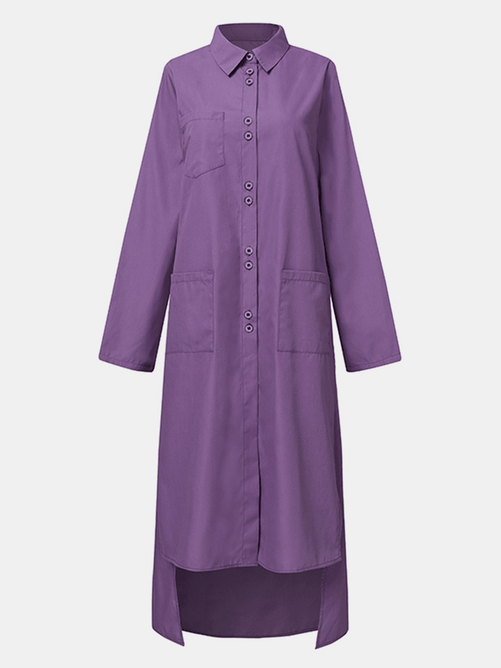 Women Solid Color Button Pocket Lapel Collar High-Low Hem Long Sleeve Shirt Dress - MRSLM