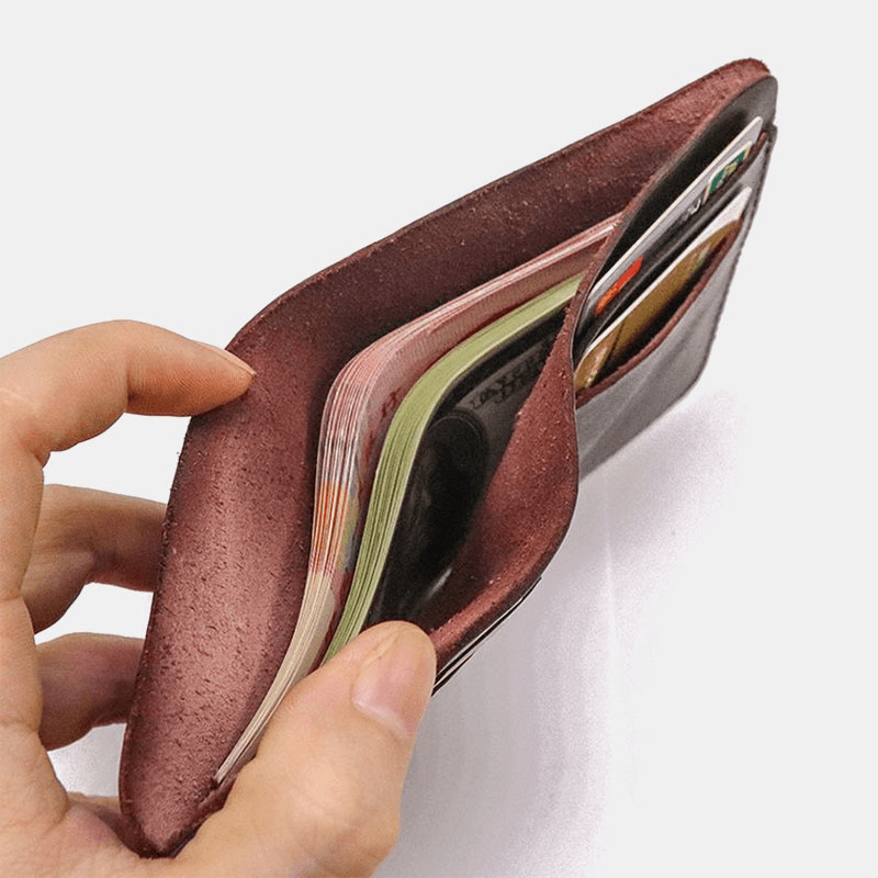 Men Bifold Thin Wallet Simple Retro Vegetable Tanned Leather Card Holder Coin Purse Money Clip - MRSLM