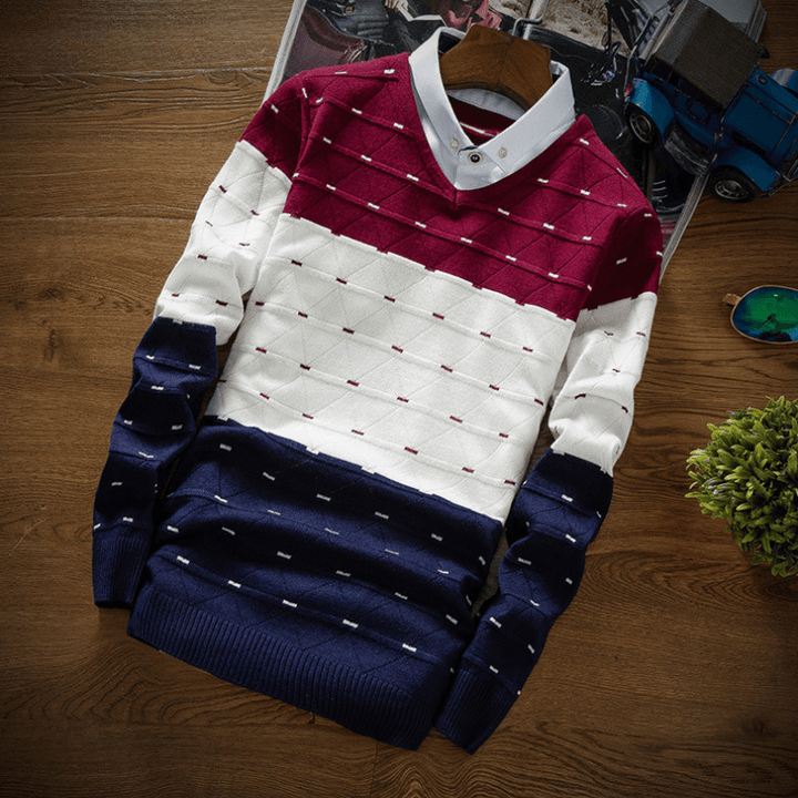 Men'S Knitted Sweater Fake Two-Piece Shirt Collar Sweater Men - MRSLM