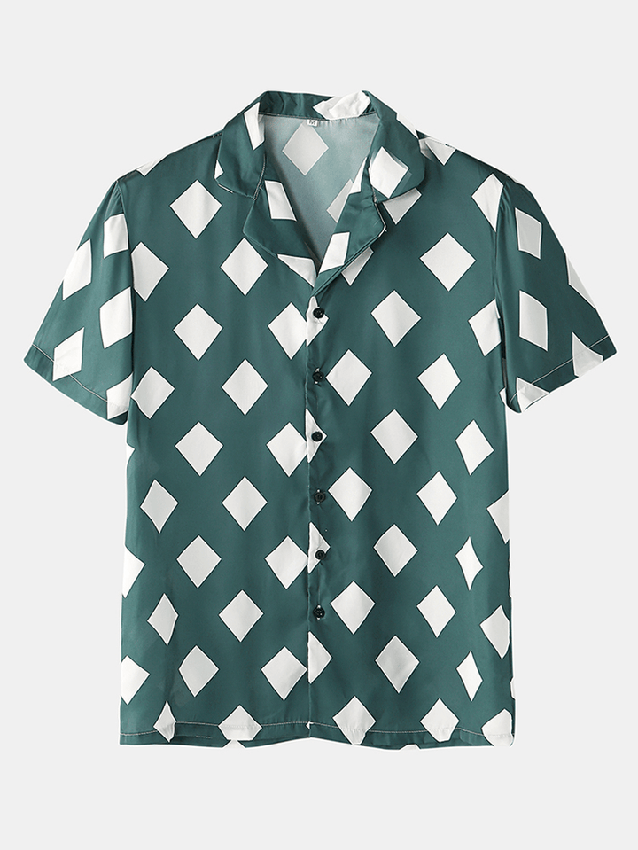 Mens White Square Print Sleepwear Revere Collar Short Sleeve Breathable Pajama Set - MRSLM
