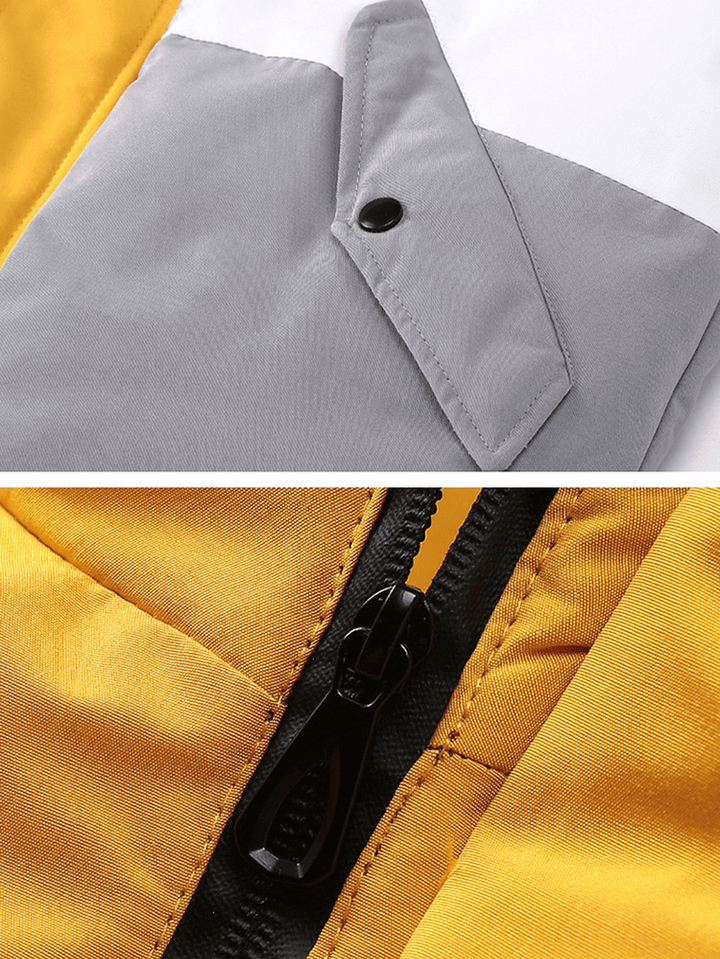 Mens Letter Print Color Block Patchwork Warm Hooded Puffer Jacket with Pocket - MRSLM