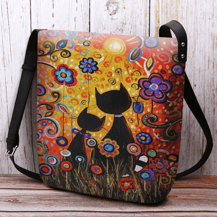 Women Felt Casual Cartoon in Love Cats Back View Floral Pattern Crossbody Bag Shoulder Bag - MRSLM