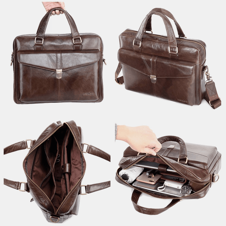 Men Genuine Leather Multi-Function Retro Solid Color Large Capacity Handbag Shoulder Bag Cross Body Bag - MRSLM