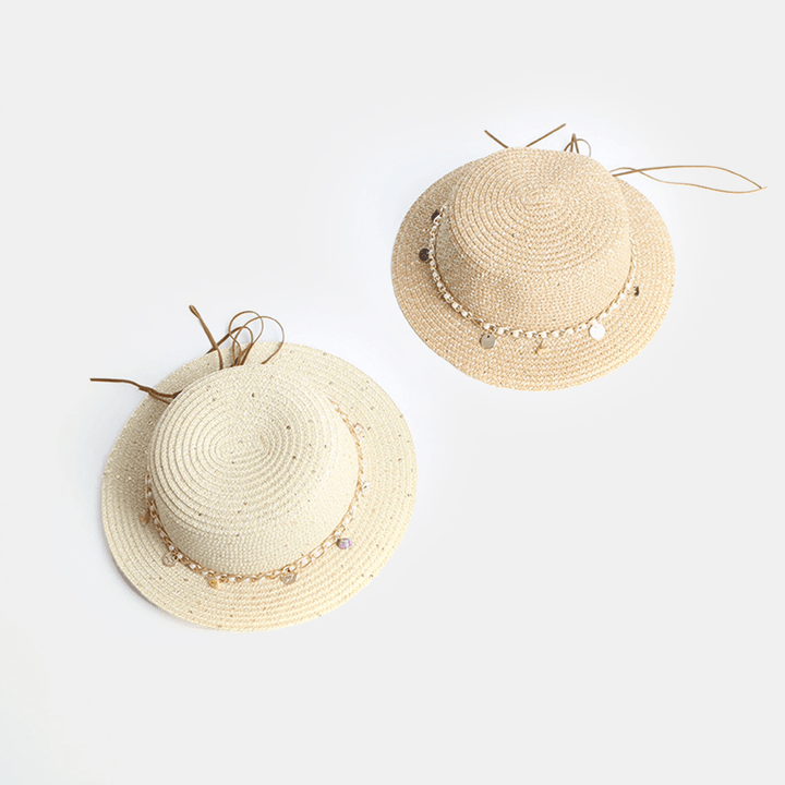 Women Sunscreen Summer Outdoor Casual Pearl Decoration Sun Hat Straw Hat - MRSLM