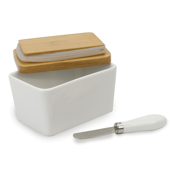 White Ceramics Butter Dish with French Butter Box Holder Insulated Wooden Lid - MRSLM
