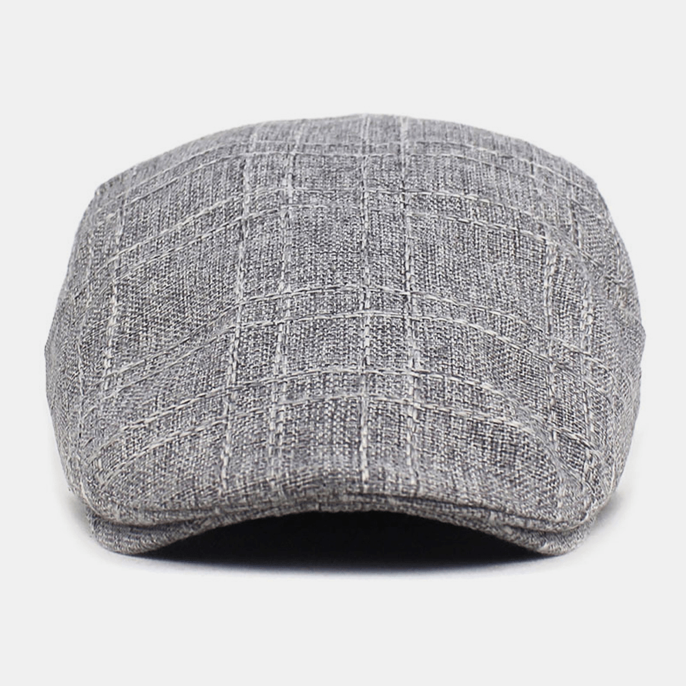Unisex Cotton-Linen Plaid Pattern Outdoor Sunshade Breathable Beret Cap Flat Hat Forward Hat - MRSLM