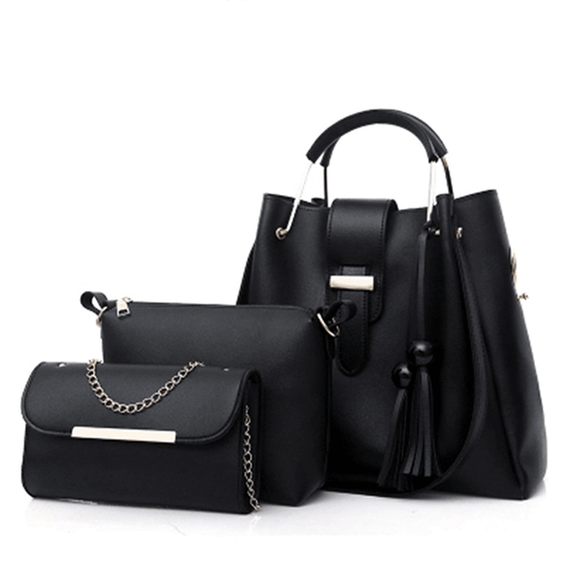 Women Faux Leather Three-Piece Set Tassel Handbag Crossbody Bag Clutch Bag - MRSLM