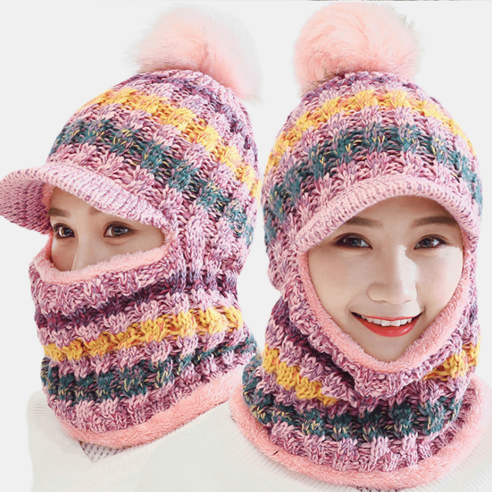 Women Wool One-Piece plus Velvet Thicken Warm Windproof Neck Face Protection Riding Knitted Hat Baseball Hat - MRSLM