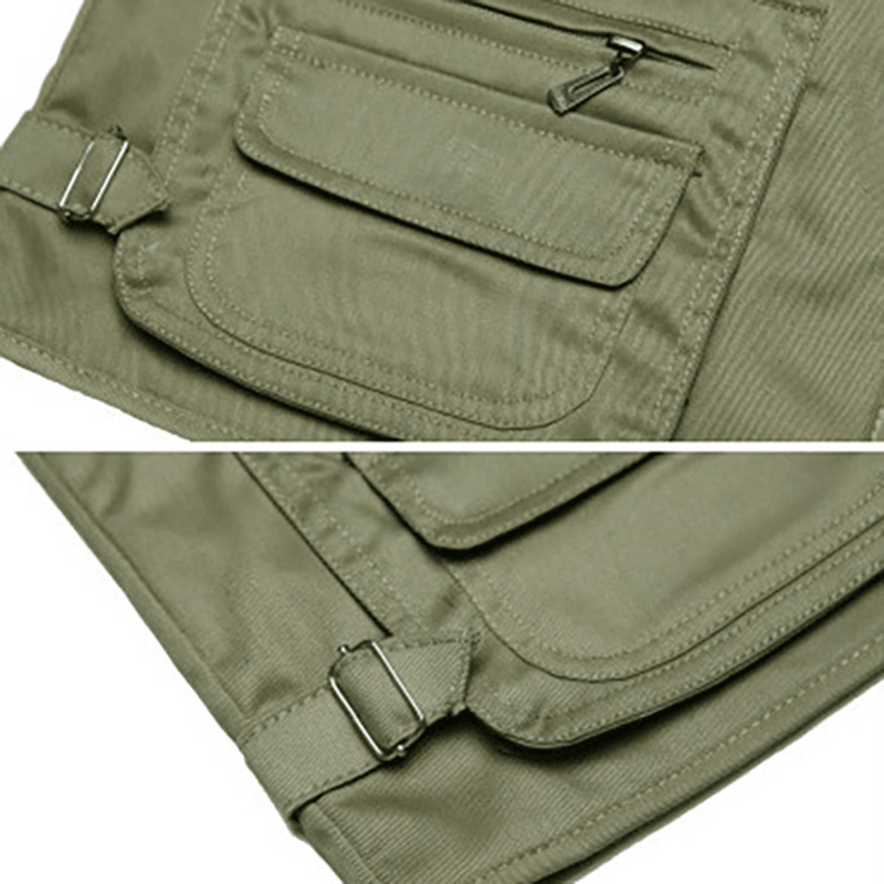 Mens Multi-Pocket Cotton Outdoor Solid Color Spring Fishing Vests - MRSLM