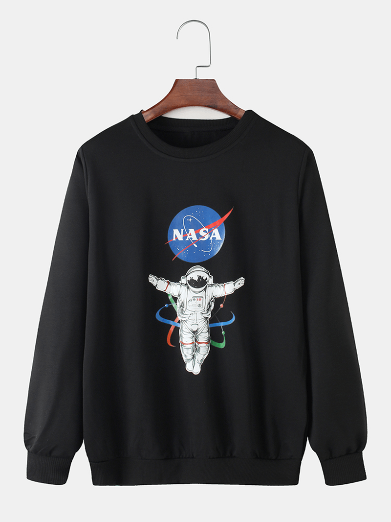 Mens Astronaut Letter Printing Cotton Crew Neck Casual Sweatshirts - MRSLM