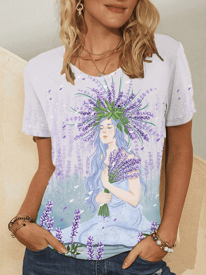 Girl Print Flowers O-Neck Short Sleeve Casual T-Shirt - MRSLM