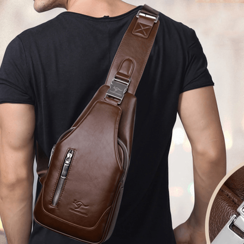 Men PU Leather Business Casual Outdoor Waterproof Multi-Carry Shoulder Bag Crossbody Bag Chest Bag with USB Charging - MRSLM