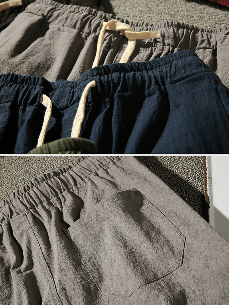 Mens Cotton Breathable Solid Color Elastic Drawstring Casual Shorts - MRSLM
