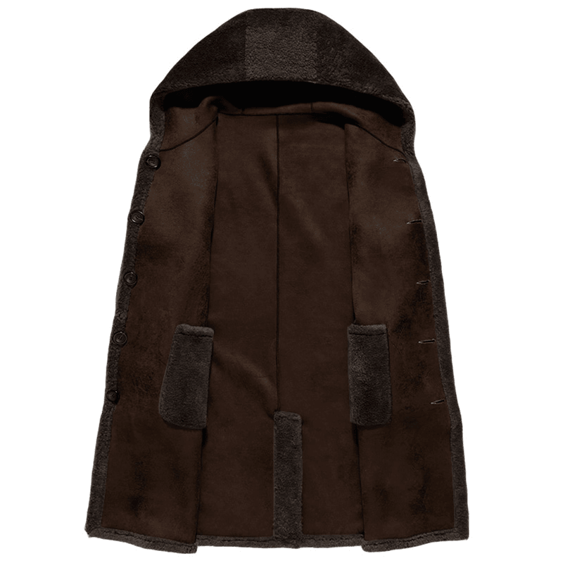 Mens Double Sided Wearable Shearling Coat Hooded Mid Long Faux Fur Woolen Coats - MRSLM