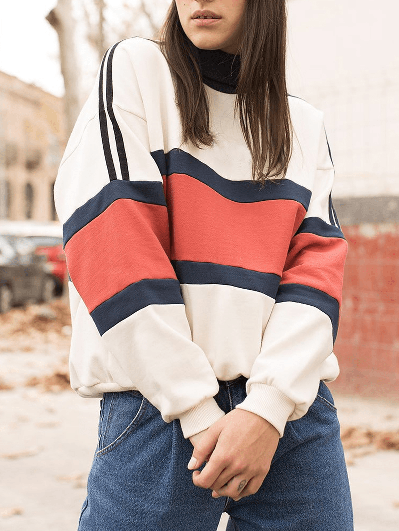 Women Patchwork Color High Neck Pullover Long Sleeve Sweatshirts - MRSLM