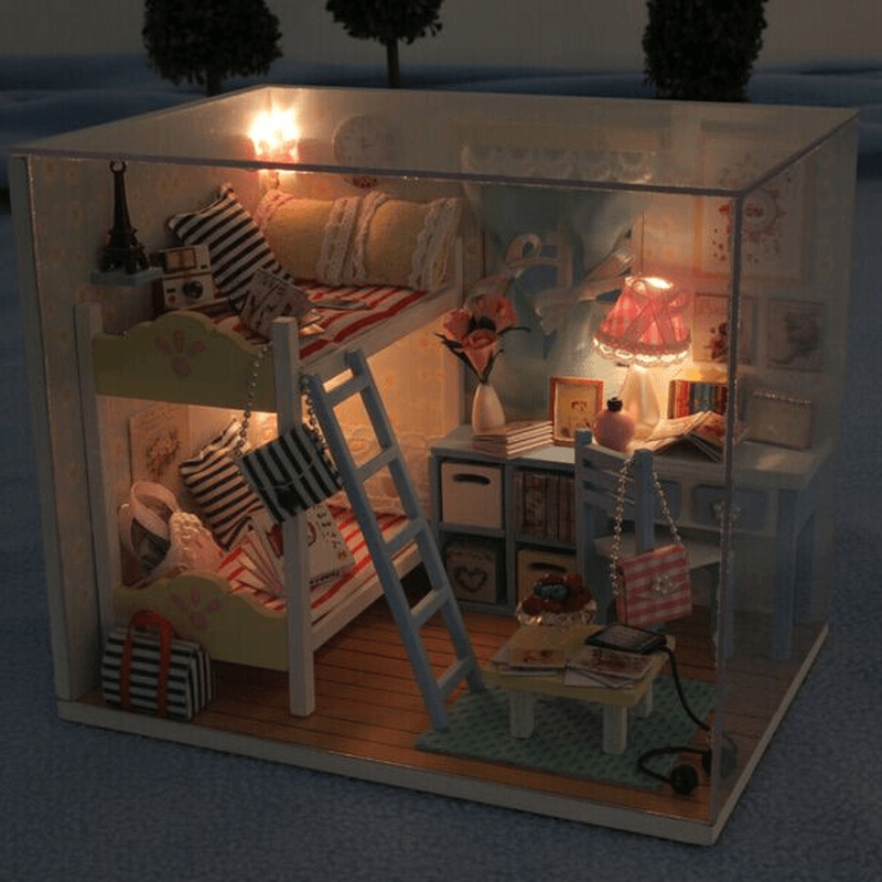 Hoomeda DIY Wood Children'S Memories with Led+Furniture+Cover Dollhouse - MRSLM