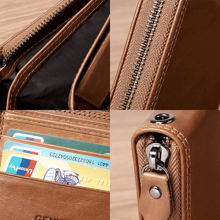 Men Genuine Leather Chain RFID Blocking Anti-Theft Zipper Multi-Slot Card Holder Wallet - MRSLM