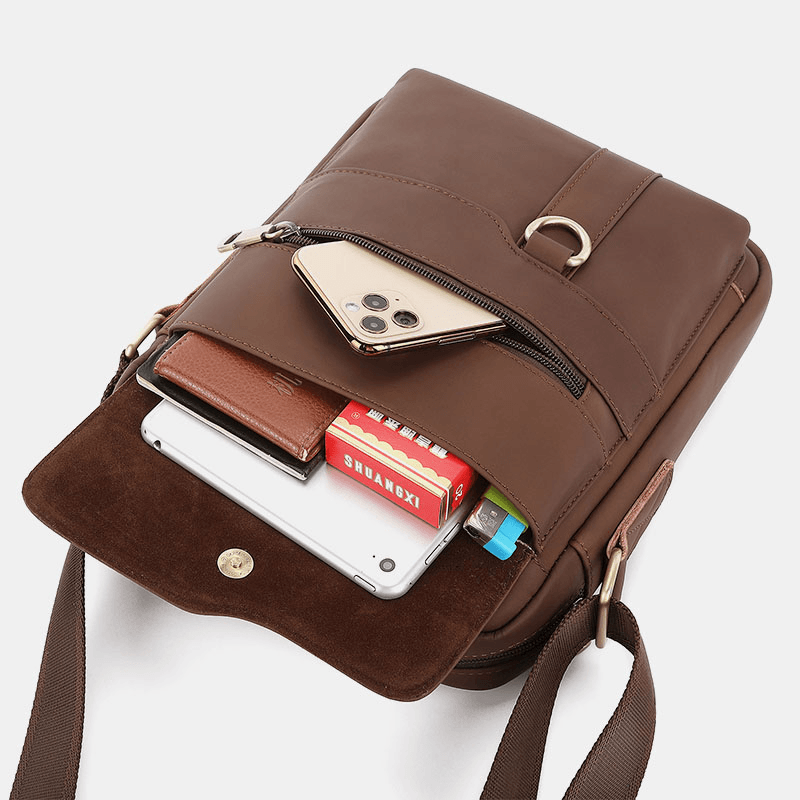 Men Genuine Leather Large Capacity Vintage Casual 6.5 Inch Phone Bag Crossbody Bag Shoulder Bag Messenger Briefcase - MRSLM