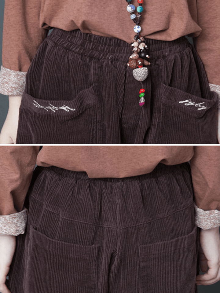 Women Elastic Waist Pocket Corduroy Pants - MRSLM