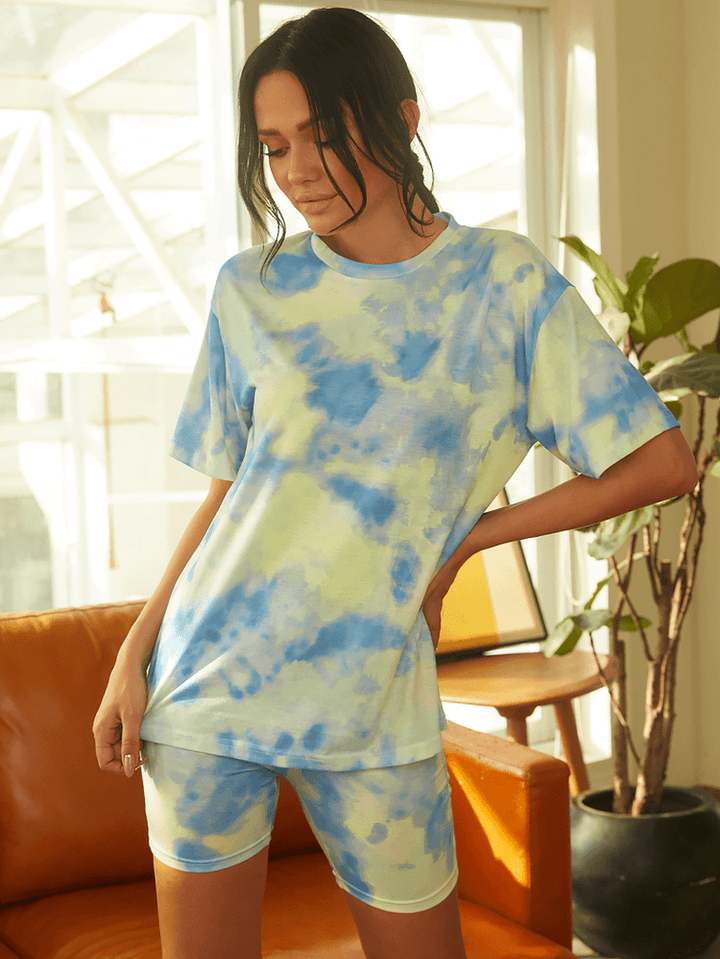 Tie Dye Print Women Summer Sports Two-Piece Top Casual T-Shirts - MRSLM
