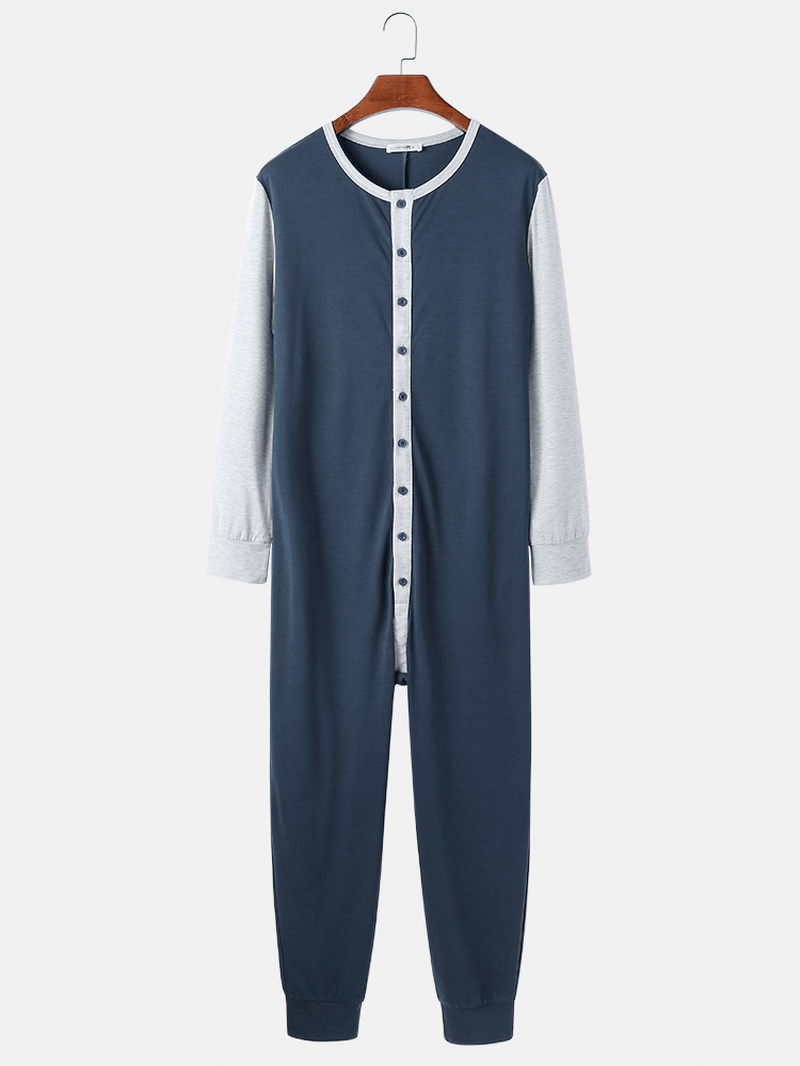 Mens Patchwork Colorblock round Neck Button up Long Sleeve Comfy Home Jumpsuit Pajamas - MRSLM