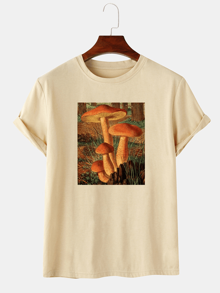 Mens Mushroom Poster Graphic Print Thin O-Neck Short Sleeve T-Shirt - MRSLM