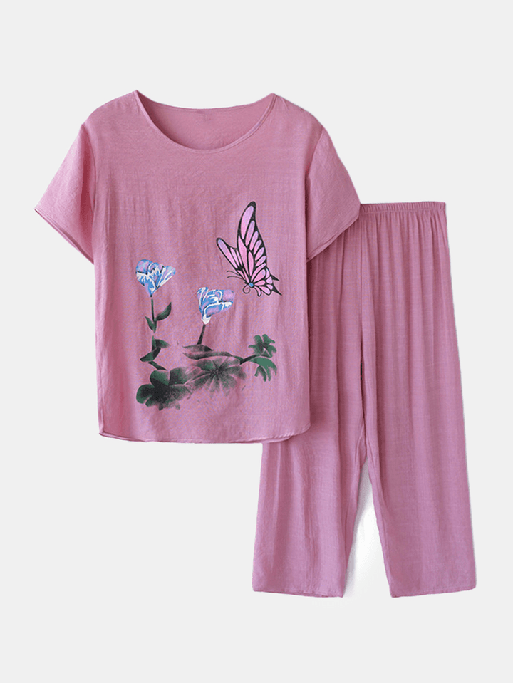 Women Butterfly Flower Print Loungewear Loose Breathable Summer Pajamas - MRSLM
