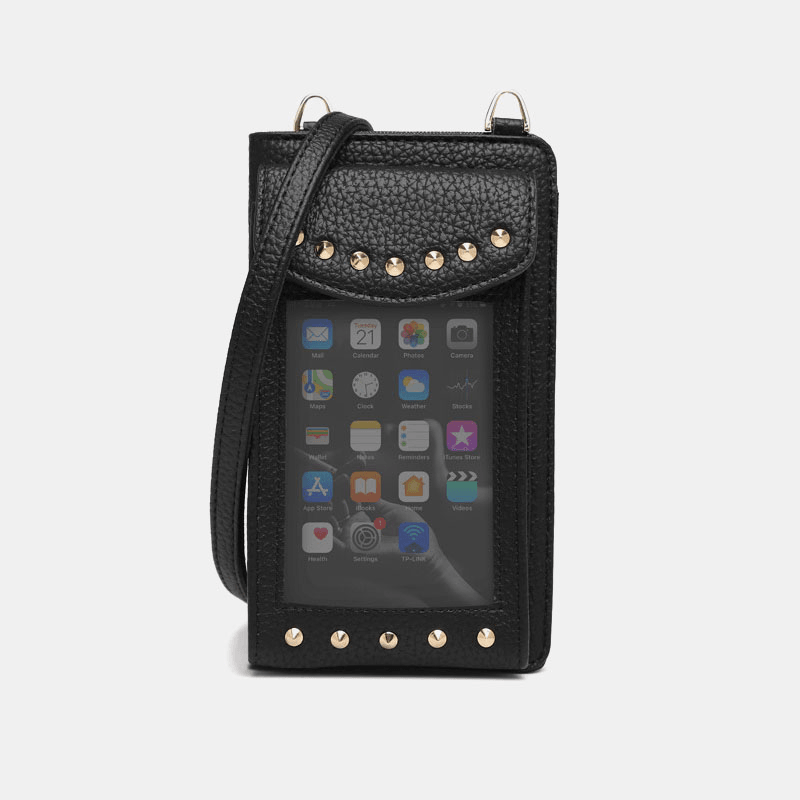 Women Touch Screen 6.3 Inch Phone Holder 10 Card Slot Rivet Crossbody Bag Wallet - MRSLM