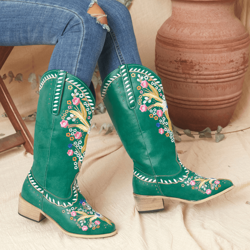 Women Leather Retro Floral Printing Wearable Comfy Slip on Chunky Heel Mid-Calf Cowboy Boots - MRSLM