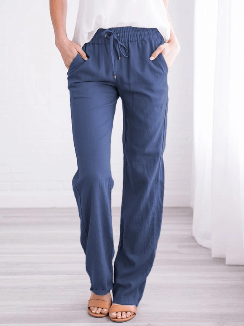 Women Casual Solid Color Elastic Waist Straight Pants - MRSLM