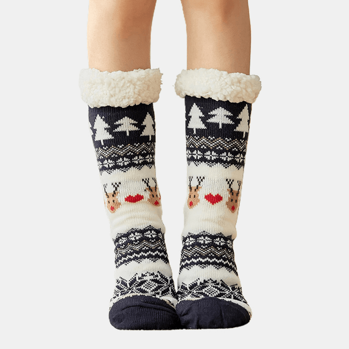 Women Cotton Warm Winter Outdoor Christmas Style Pattern plus Velvet Thicken Home Sleep Socks Tube Socks - MRSLM