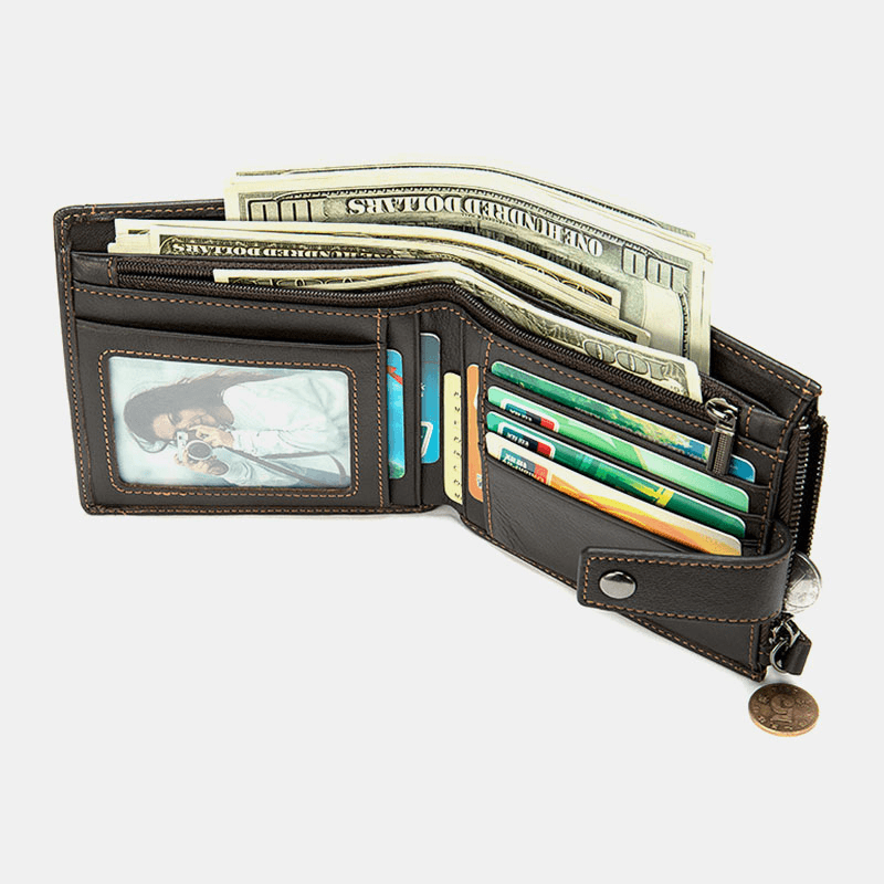 Men Short Bifold RFID Blocking Wallet Retro Casual Multi-Card Slot Card Holder Cowhide Driver'S License Wallet - MRSLM