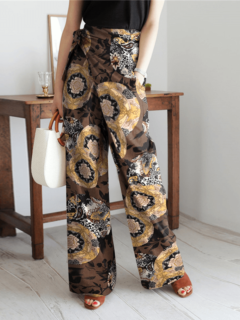 Women Ethnic Style Print Asymmetric Tie Waist Casual Wide Leg Pants - MRSLM