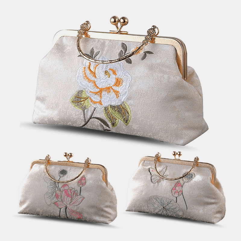 Women Elegant Chinese Style Flower Pattern Embroidery Handbag Exquisite Hardware Design Fine Texture Fabric Cheongsam Clutch Bag - MRSLM