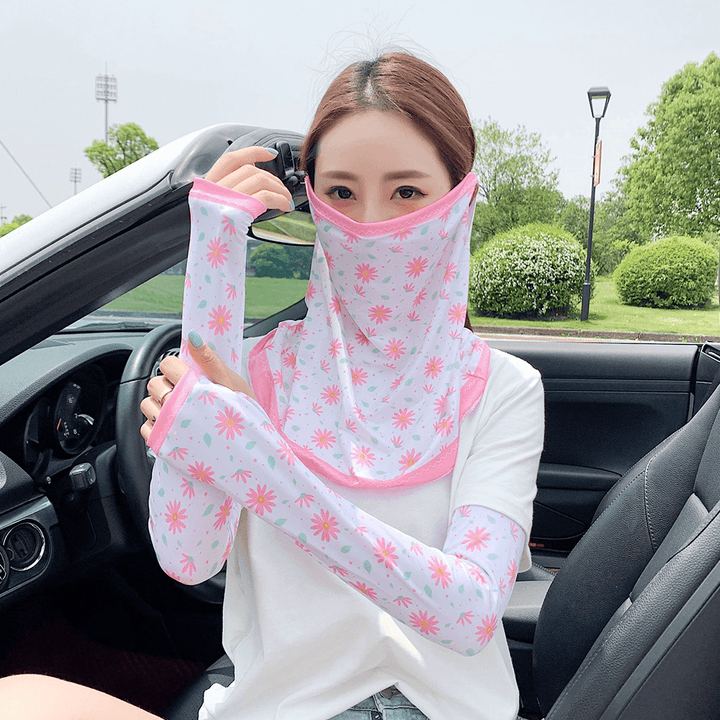Women Two-Pieces Sunscreen Outdoor UV Protection Ice Silk Sleeve Arm Guard Sleeve Cover Face Breathable Veil Mask - MRSLM