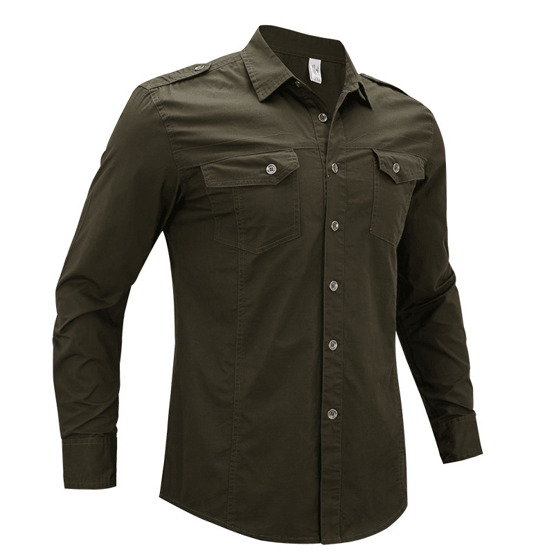 Men'S Military Long Sleeve Dress Shirt with Epaulets - MRSLM