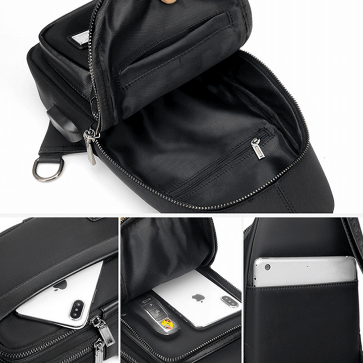 Men Faux Leather Fashion Chest Bag Shoulder Bag Crossbody Bag with USB Charging Port - MRSLM