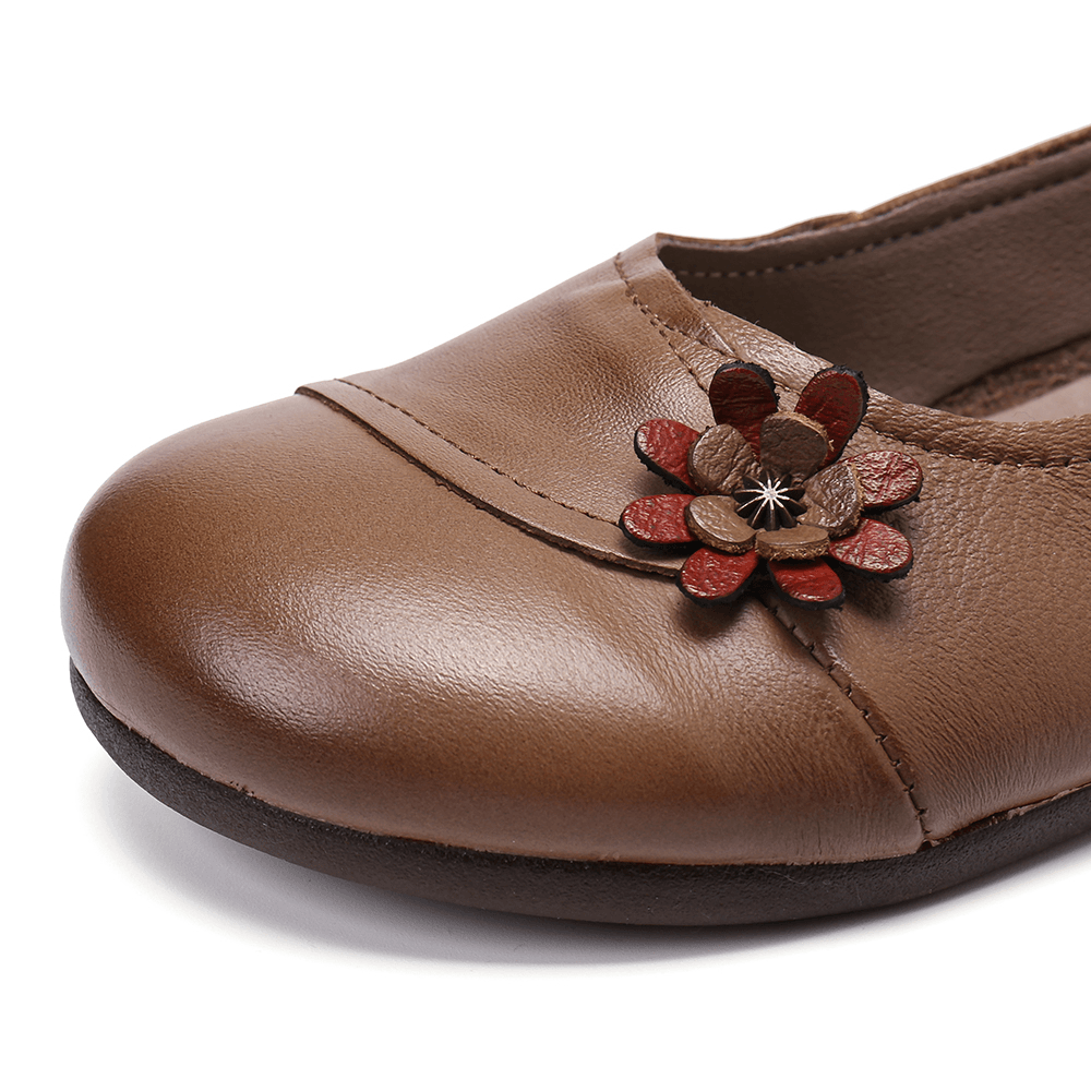 Women'S Leather Flowers Slip on Flats Loafers Shoes - MRSLM