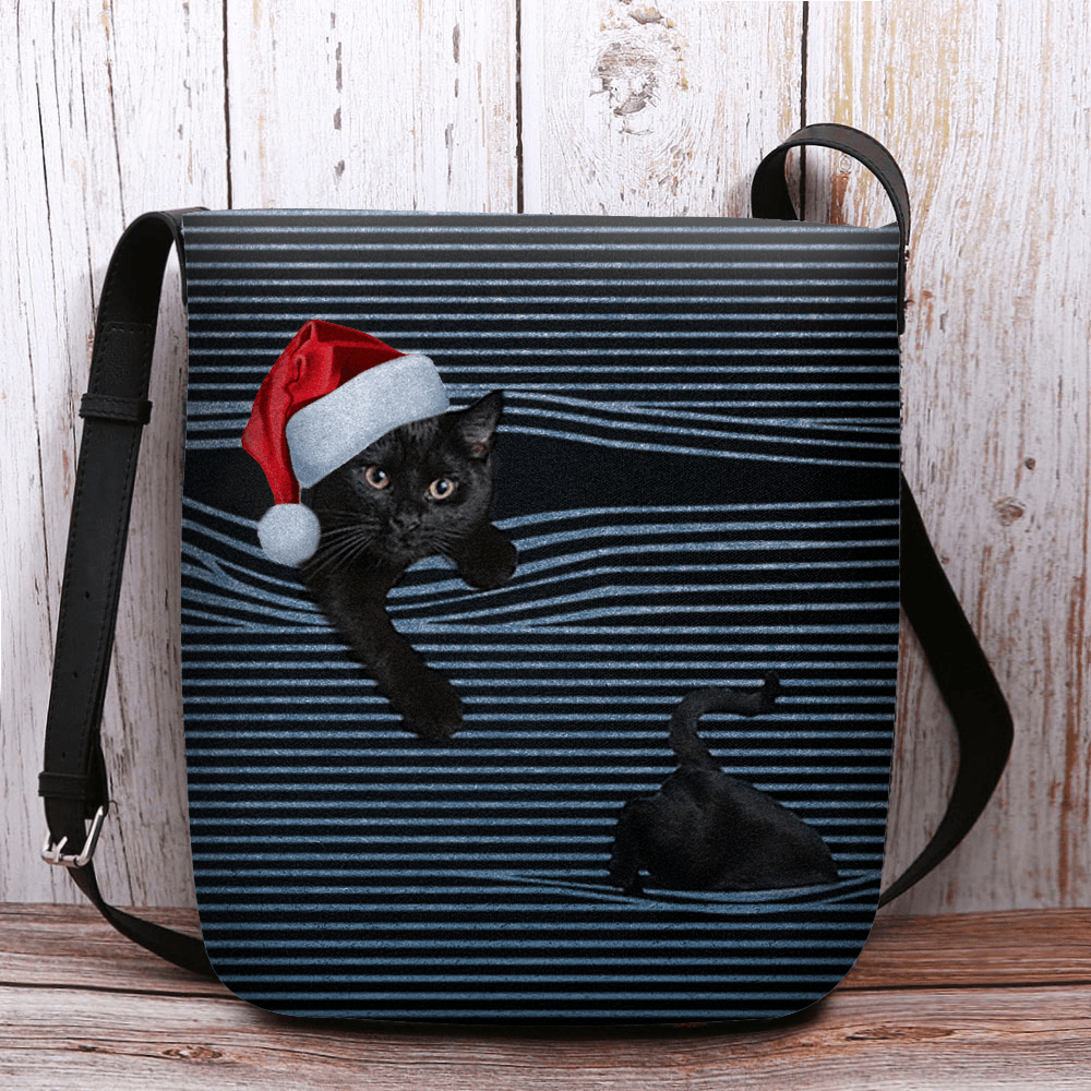 Women Felt Cute Casual Cartoon Cat Stripes Pattern with Christmas Hat Crossbody Bag Shoulder Bag - MRSLM